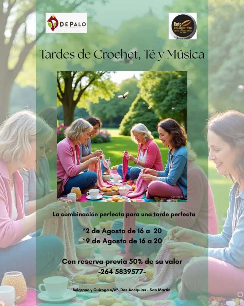 tarde de crochet, té y música en de palo eventos, ruta del algarrobo