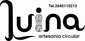 Logotipo de Luina artesanía circular. Diseño en blanco y negro con un ovillo de hilo y un corazón. Incluye el teléfono de contacto 2645110213